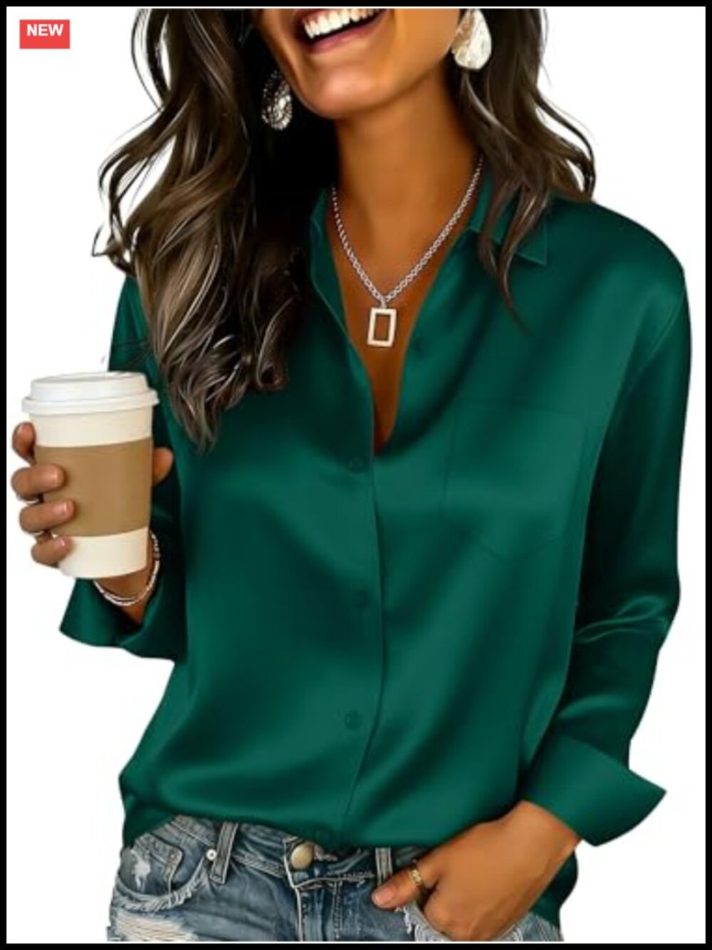 Satin Button Down Blouse Long Sleeve Office Shirt